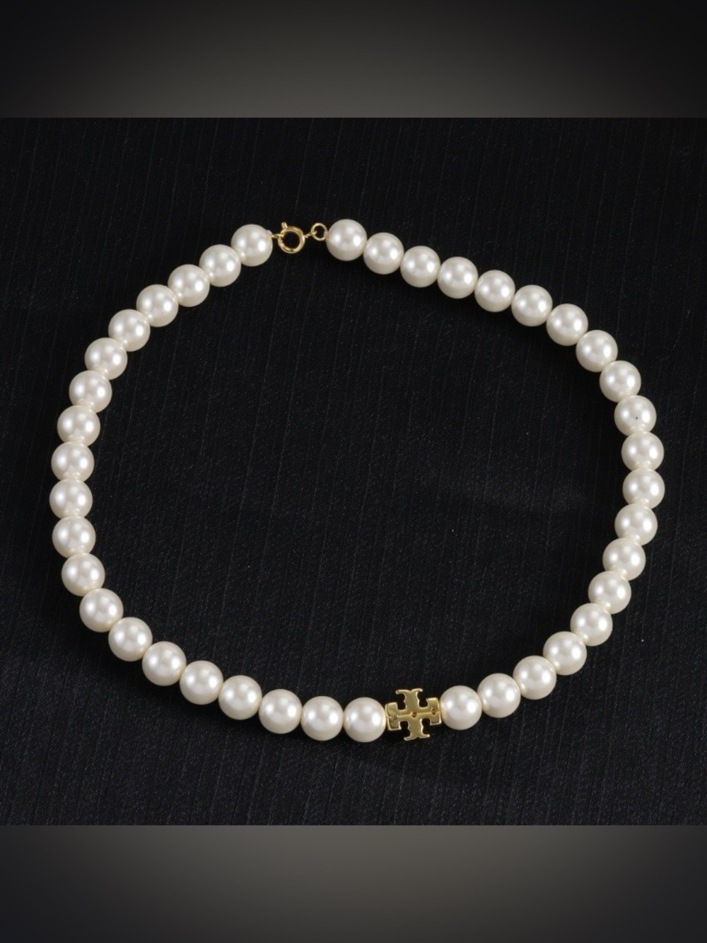Tory Burch White Pearl Necklace with Gold Logo Accent